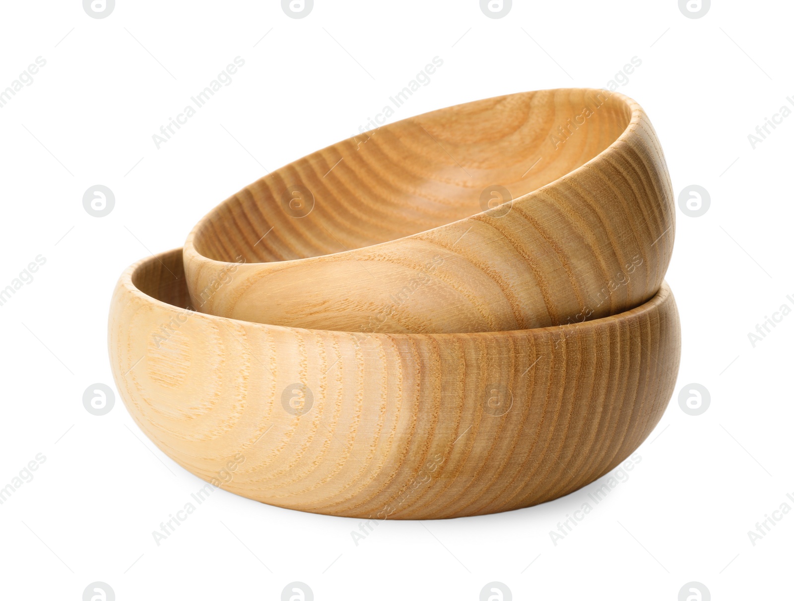 Photo of Empty clean wooden bowls isolated on white