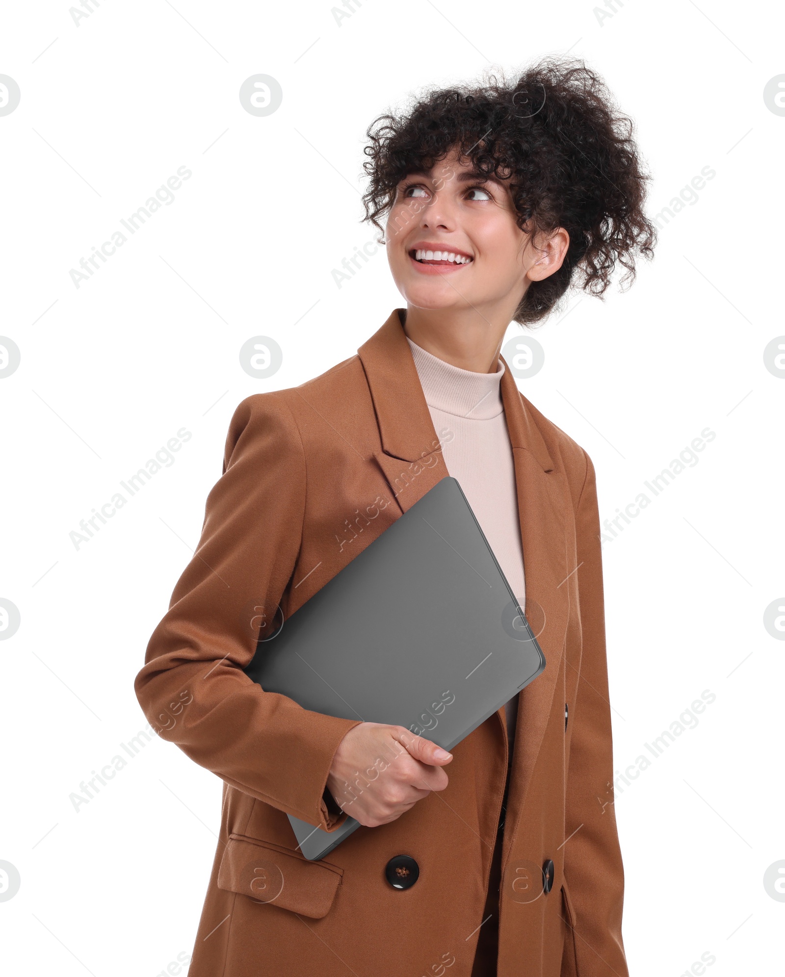 Photo of Beautiful happy businesswoman with laptop on white background