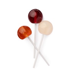 Photo of Tasty lollipops isolated on white, top view