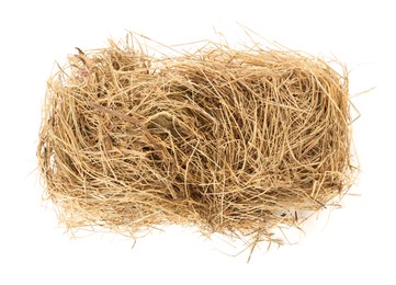 Photo of Small dried hay bale on white background, top view