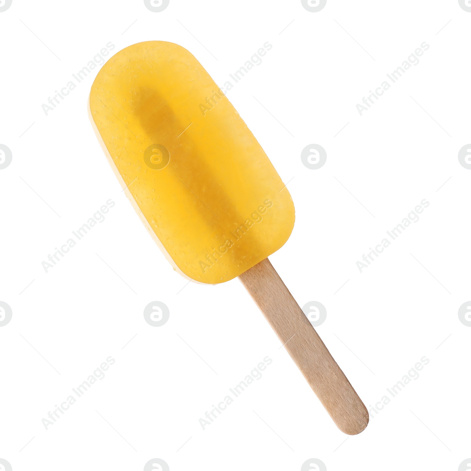 Photo of Tasty orange ice pop isolated on white. Fruit popsicle