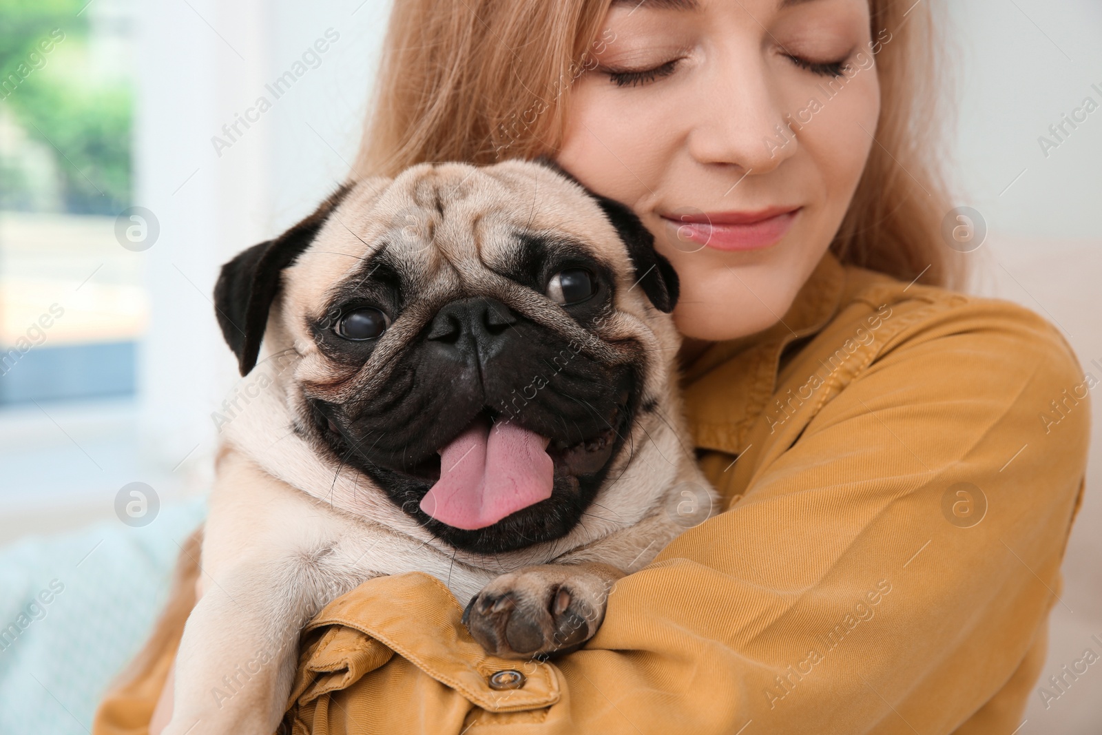 Photo of Woman with cute pug dog at home, closeup. Animal adoption