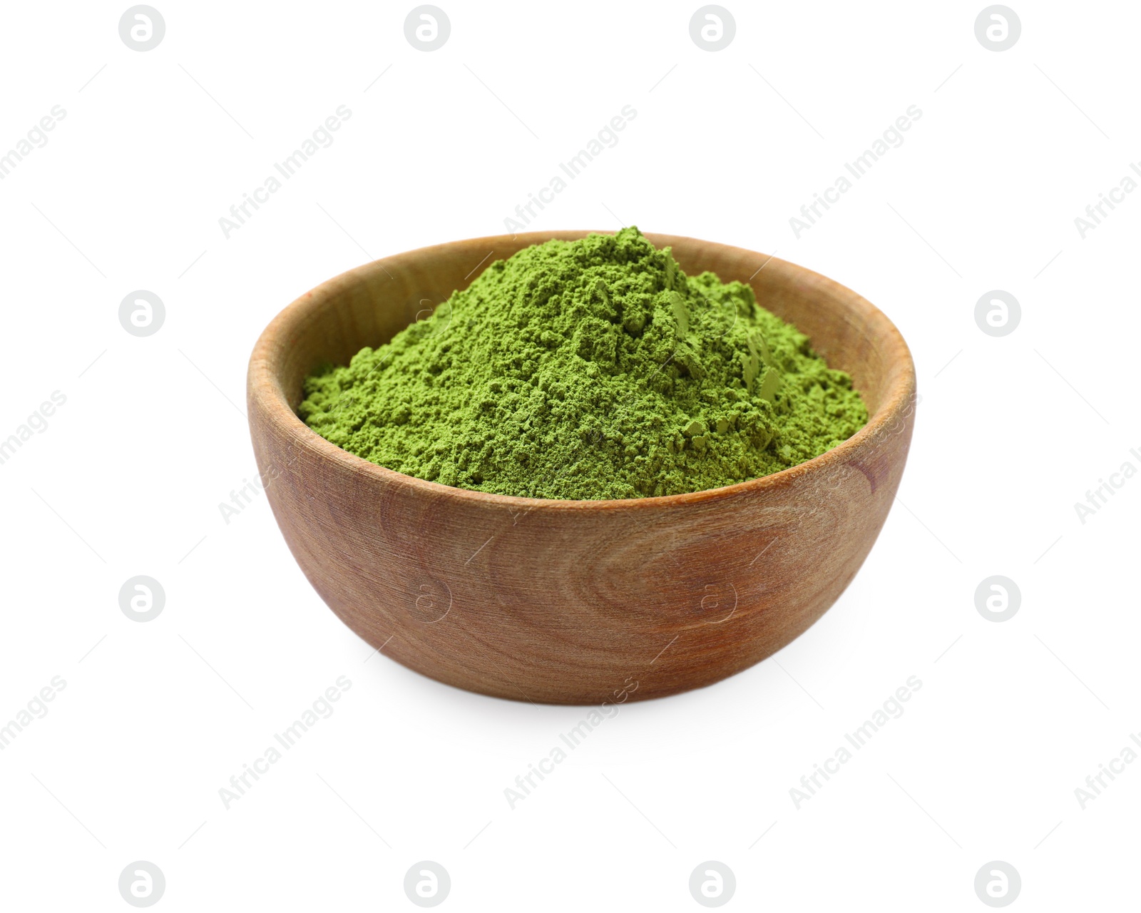 Photo of Green matcha powder in bowl isolated on white