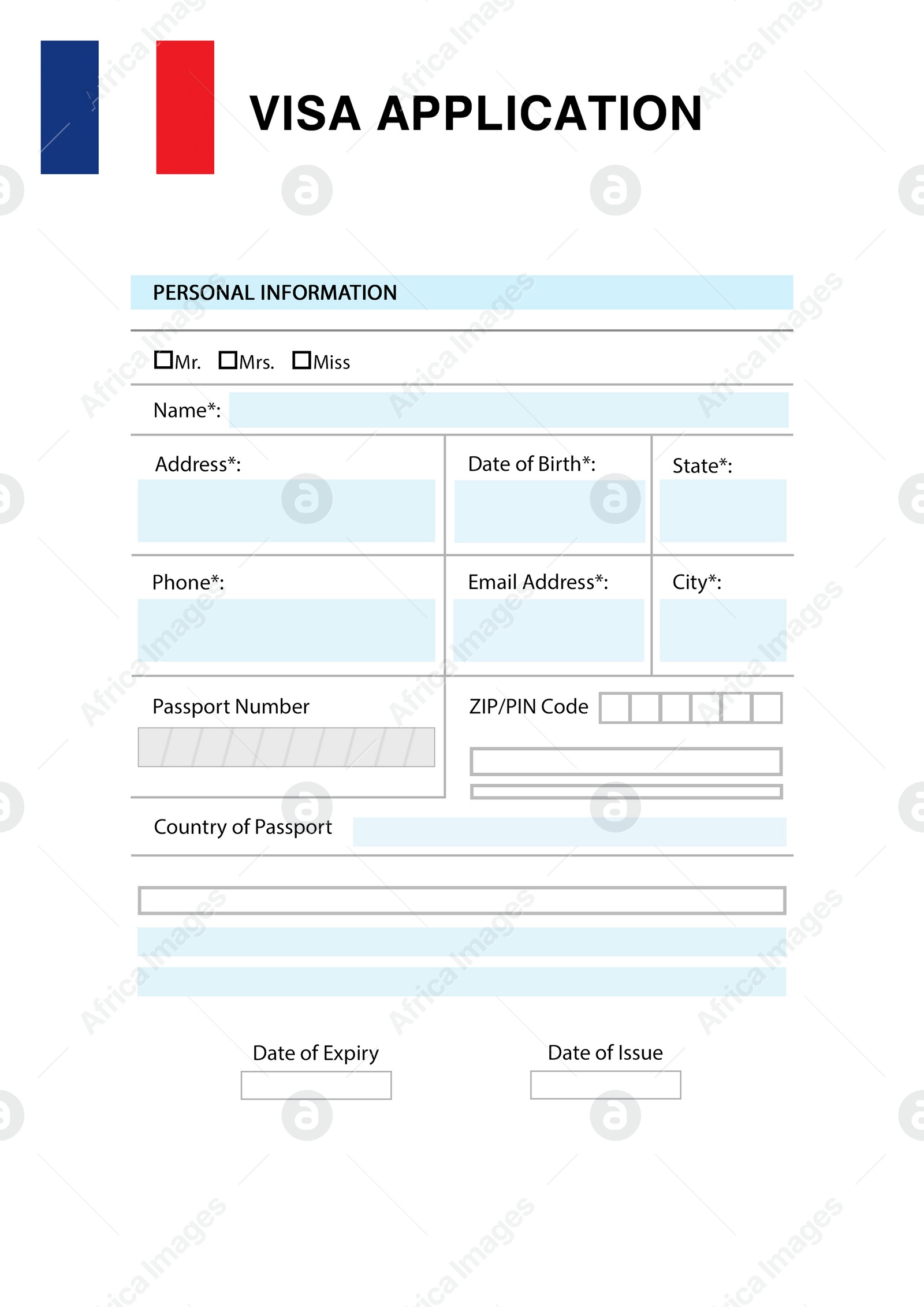 Illustration of Immigration to France. Blank application visa form