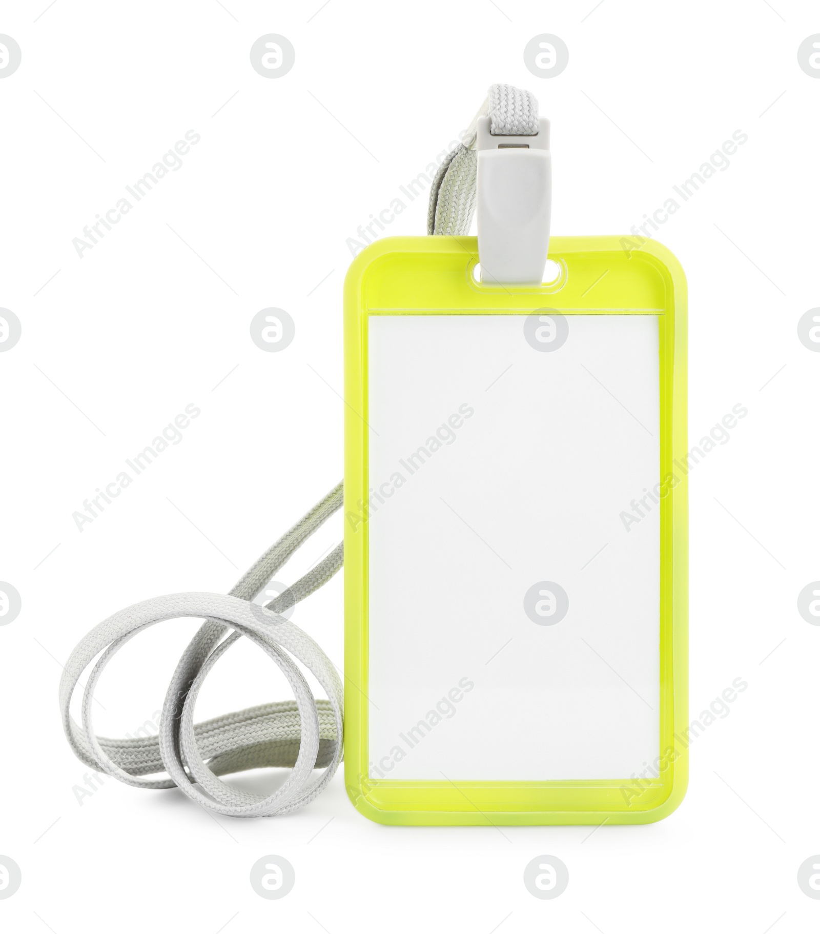 Photo of Blank yellow badge with string isolated on white