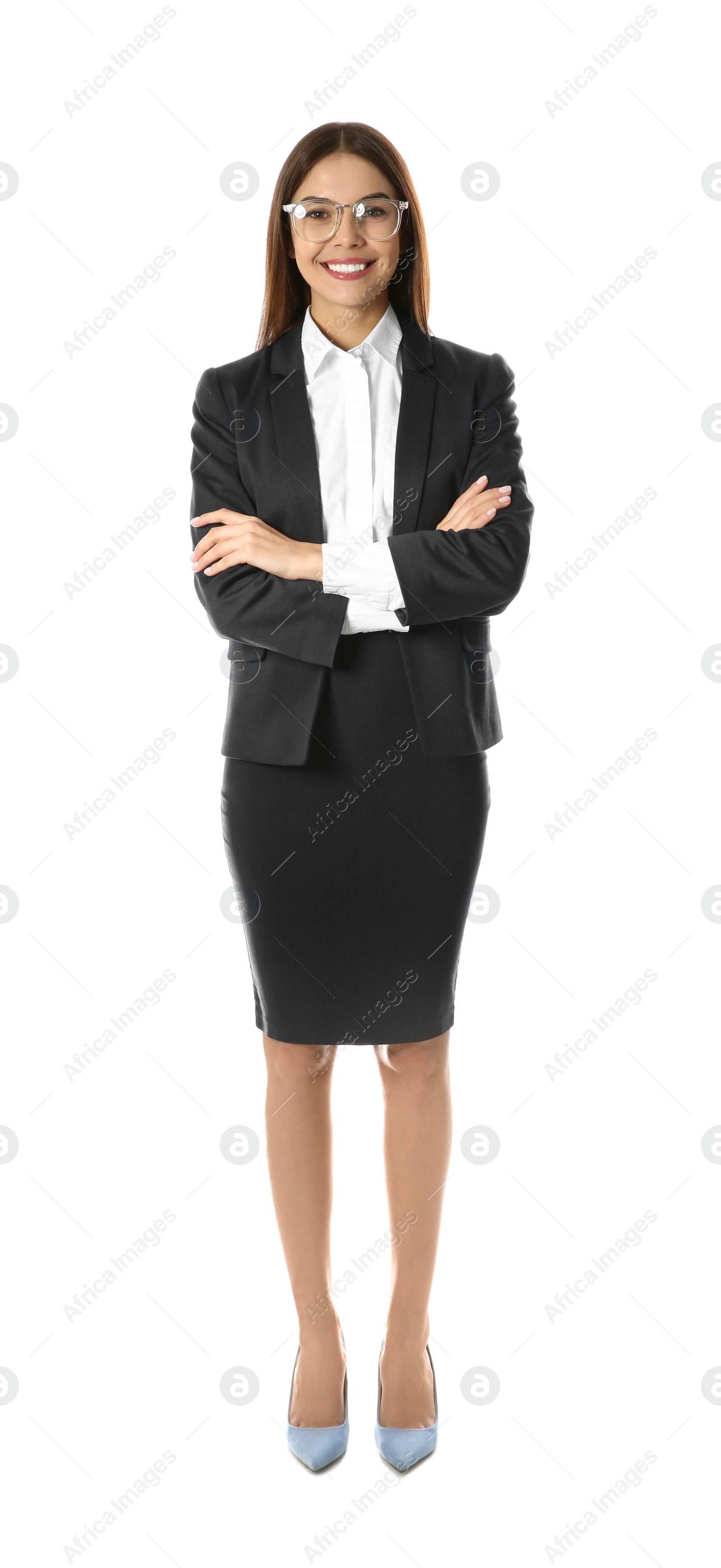 Photo of Full length portrait of businesswoman on white background