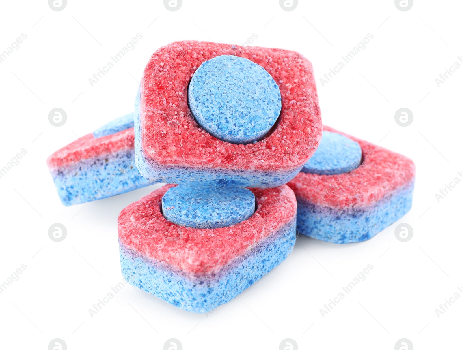 Photo of Many dishwasher detergent tablets on white background