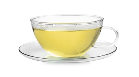 Photo of Refreshing green tea in cup isolated on white