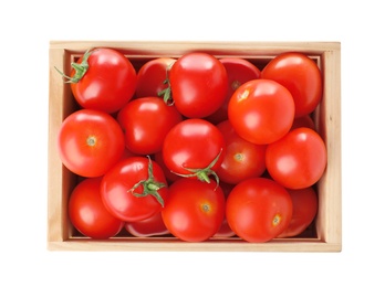 Photo of Wooden crate full of fresh ripe tomatoes on white background, top view