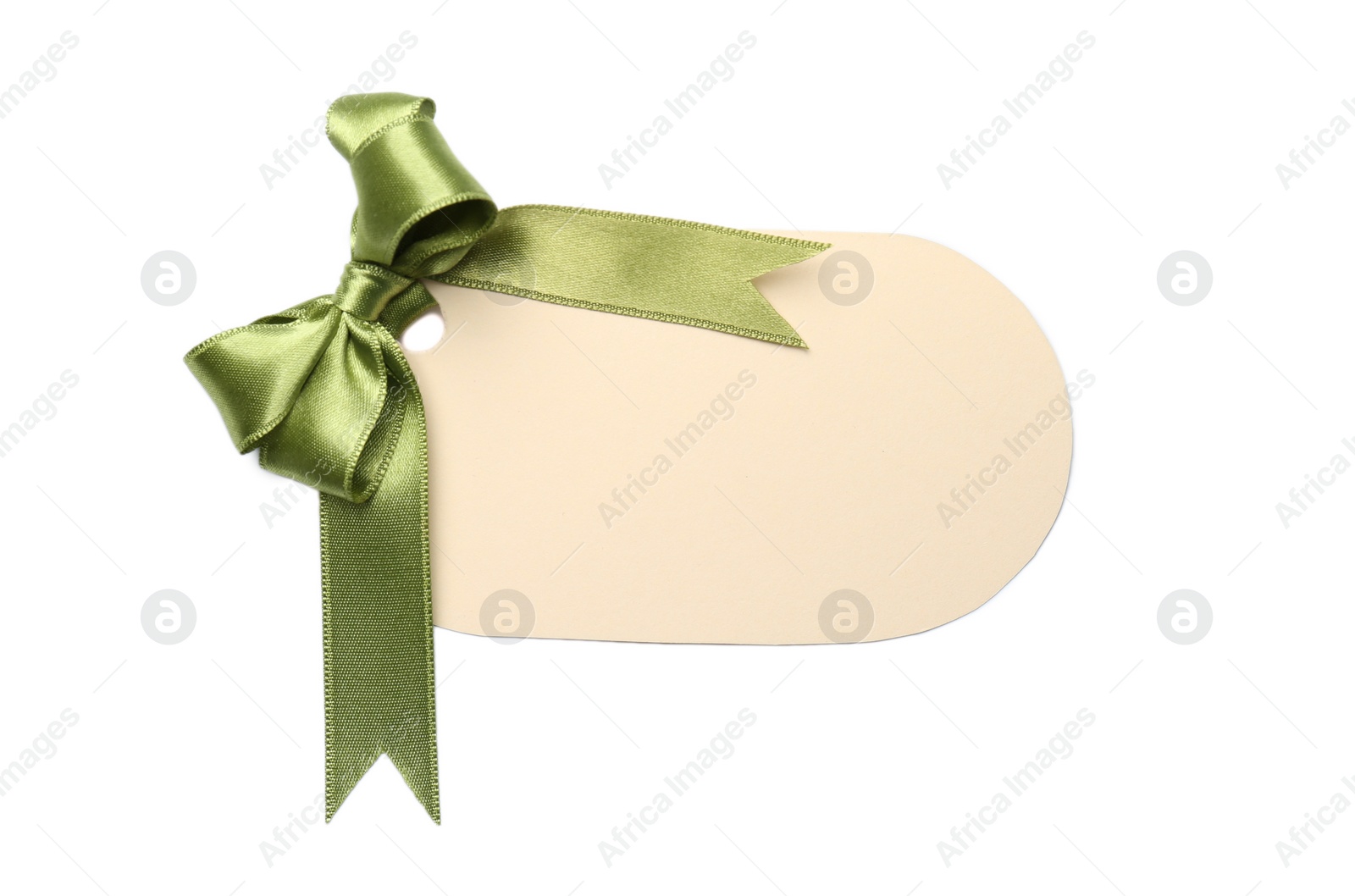 Photo of Blank gift tag with satin ribbon on white background, top view