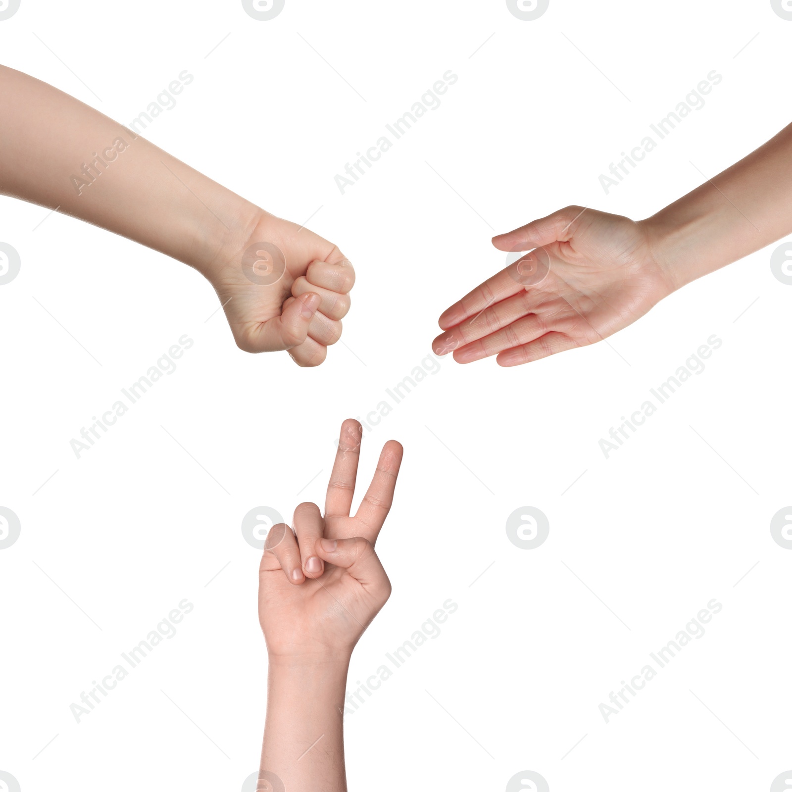 Image of People playing rock, paper and scissors on white background, top view