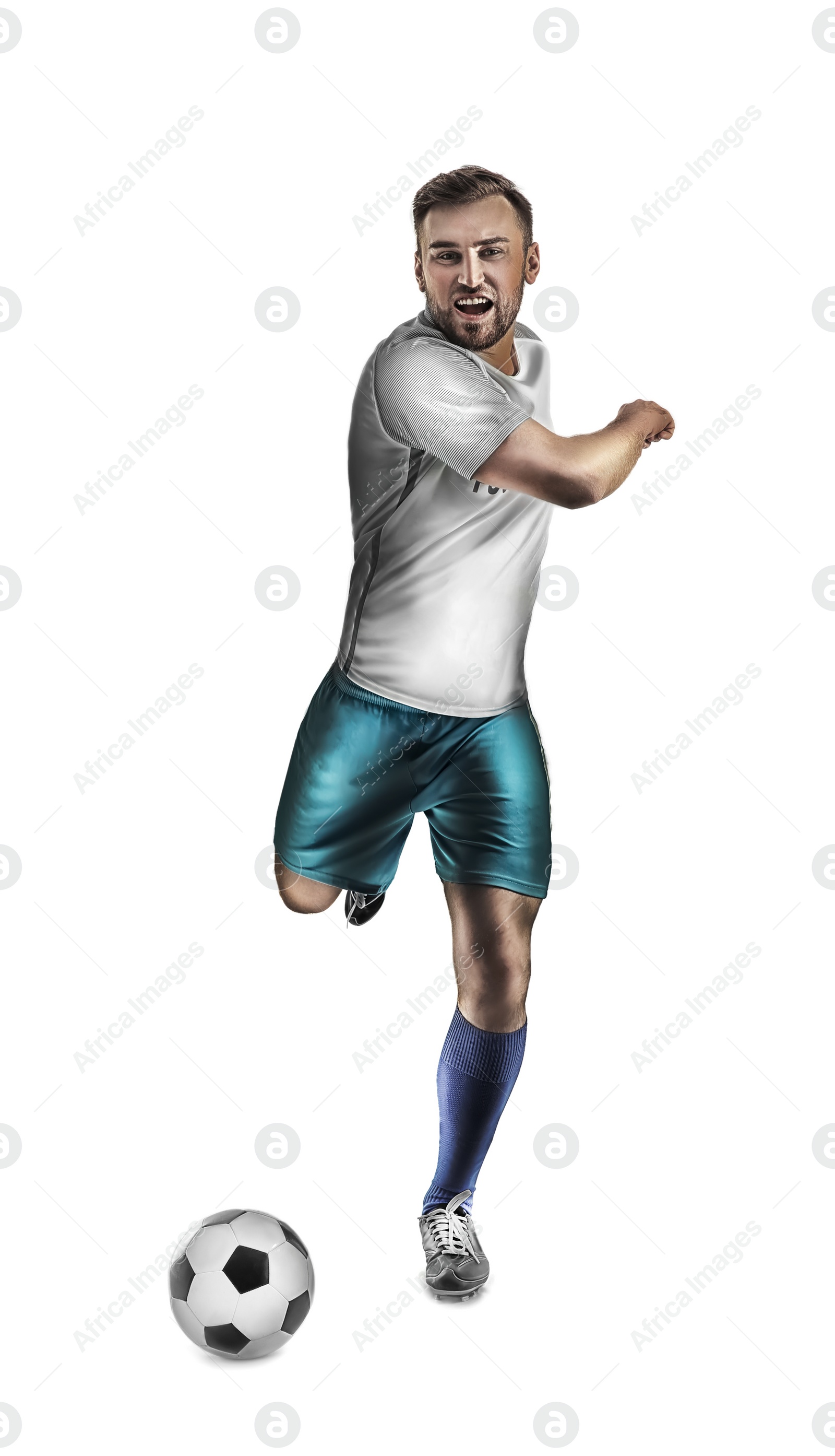 Image of Young man playing football on white background