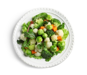 Plate of salad with Brussels sprouts isolated on white, top view