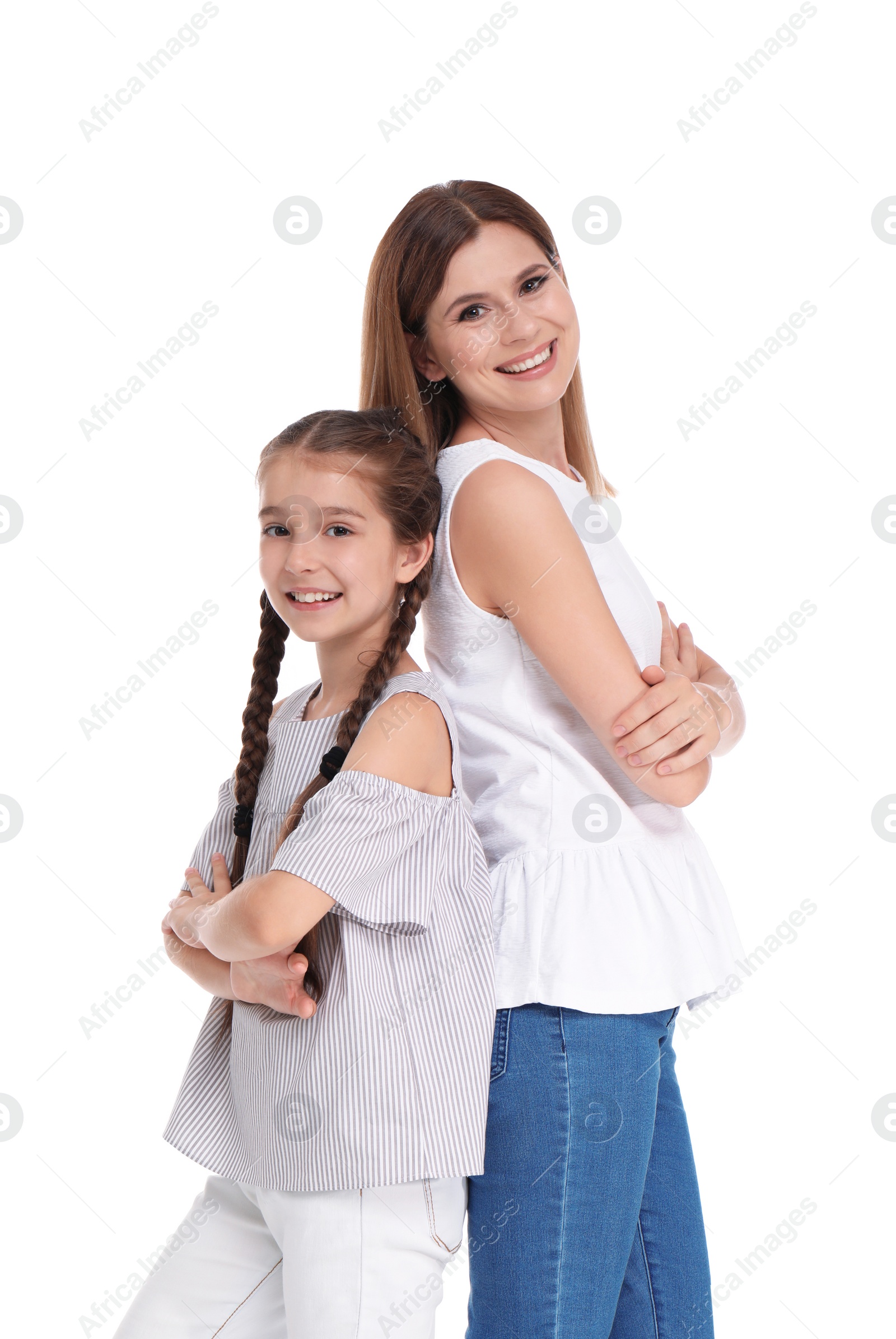 Photo of Mother with child on white background. Happy family