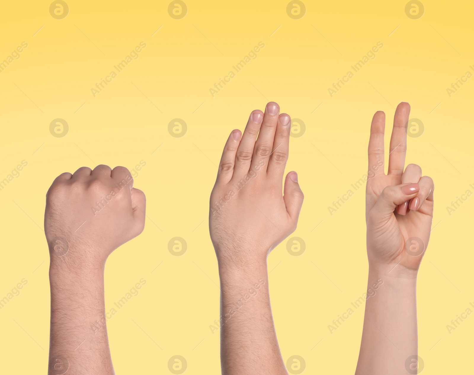 Image of People playing rock, paper and scissors on yellow background, closeup