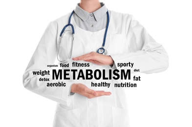 Image of Metabolism concept. Doctor presenting scheme on white background, closeup