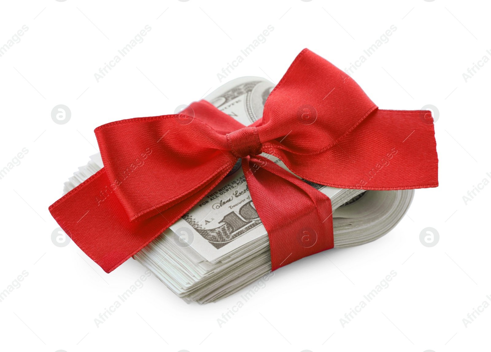 Photo of Dollar banknotes with red ribbon isolated on white