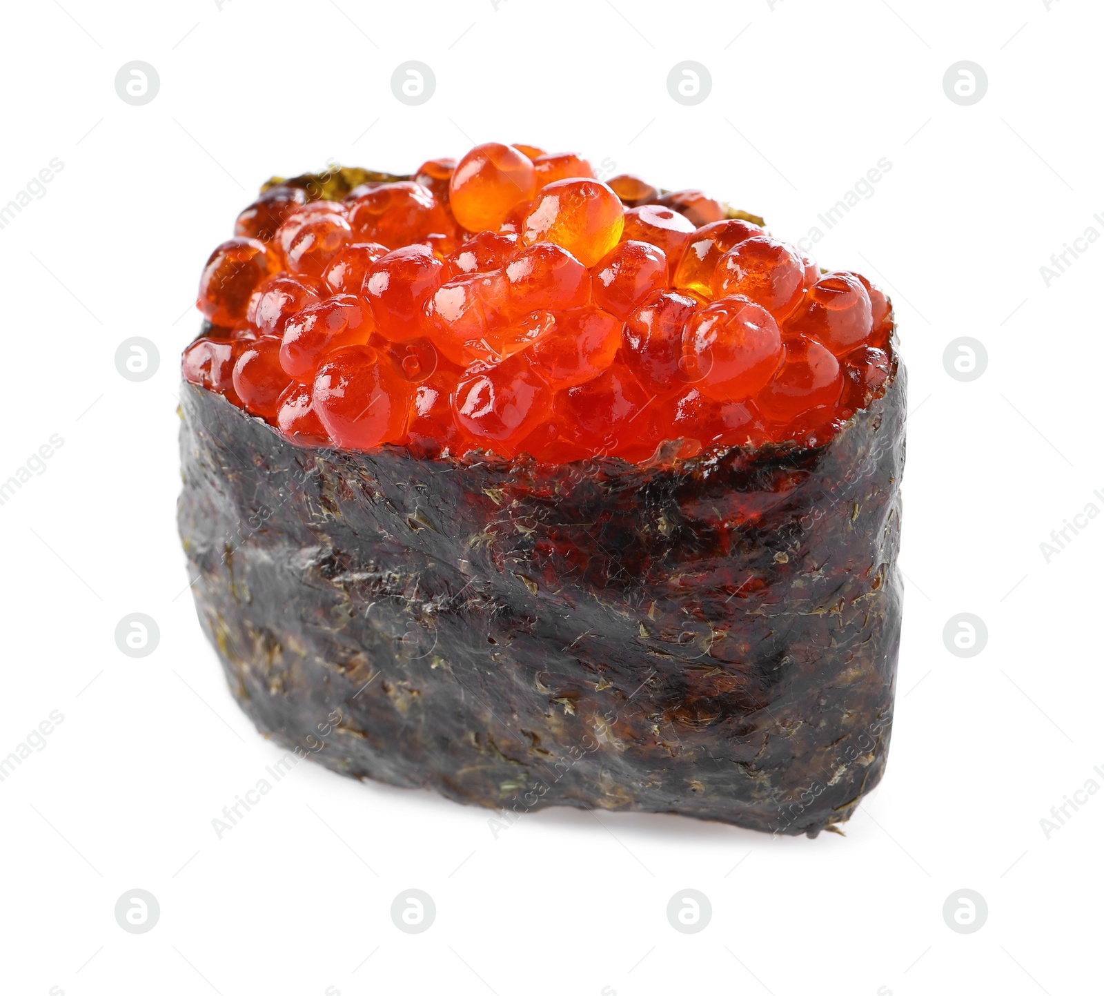 Photo of Delicious sushi with red caviar isolated on white