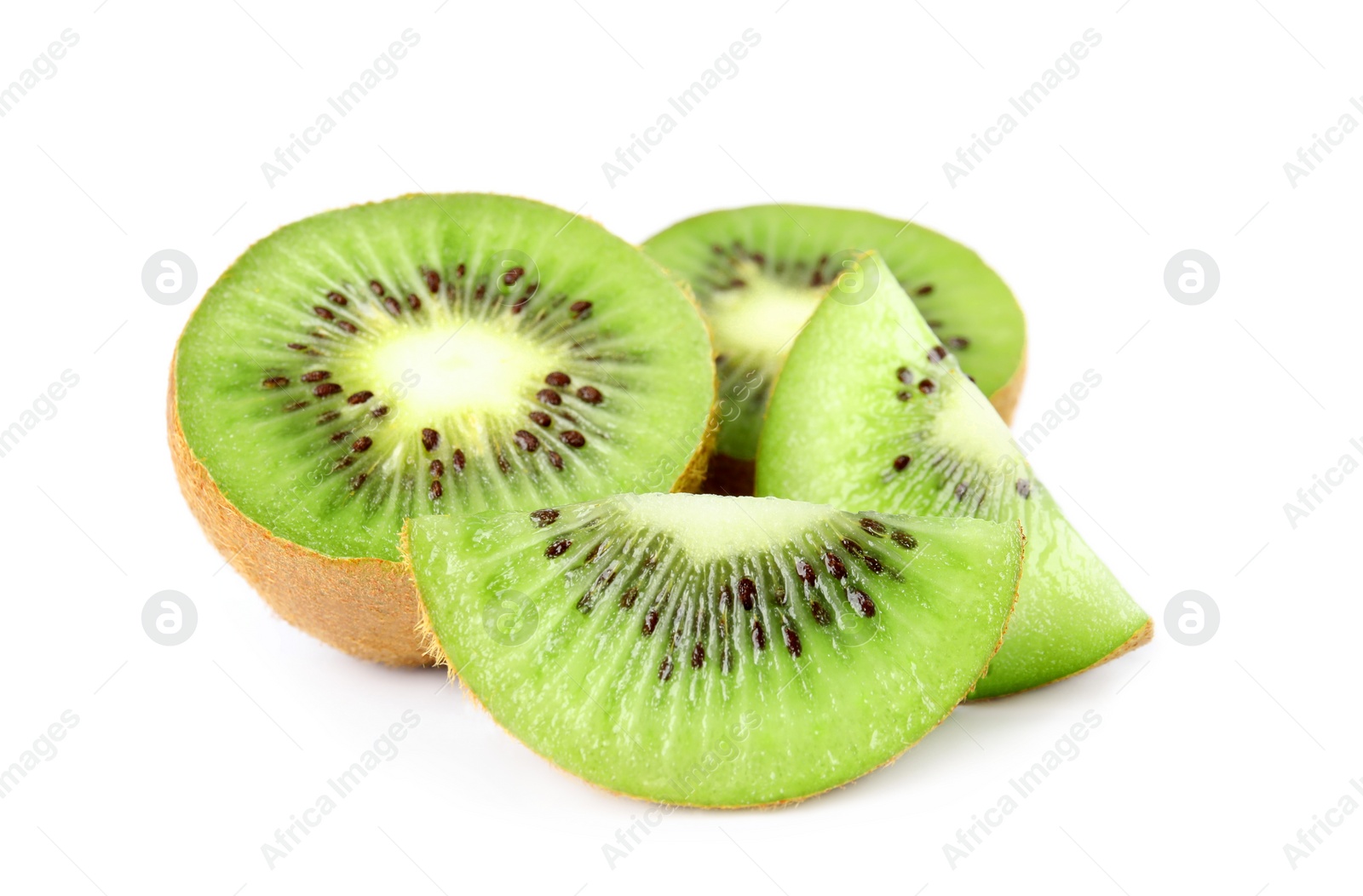 Photo of Cut fresh ripe kiwis on white background