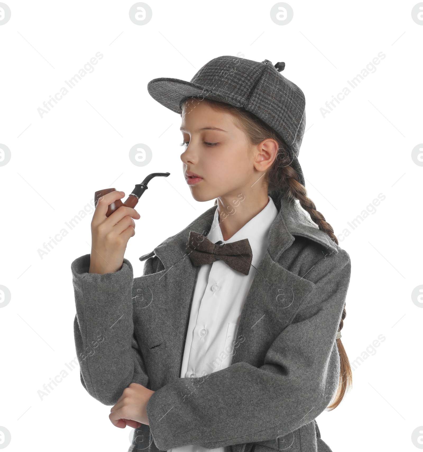 Photo of Cute little detective with smoking pipe on white background