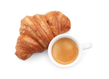 Photo of Fresh croissant and coffee isolated on white, top view. Tasty breakfast