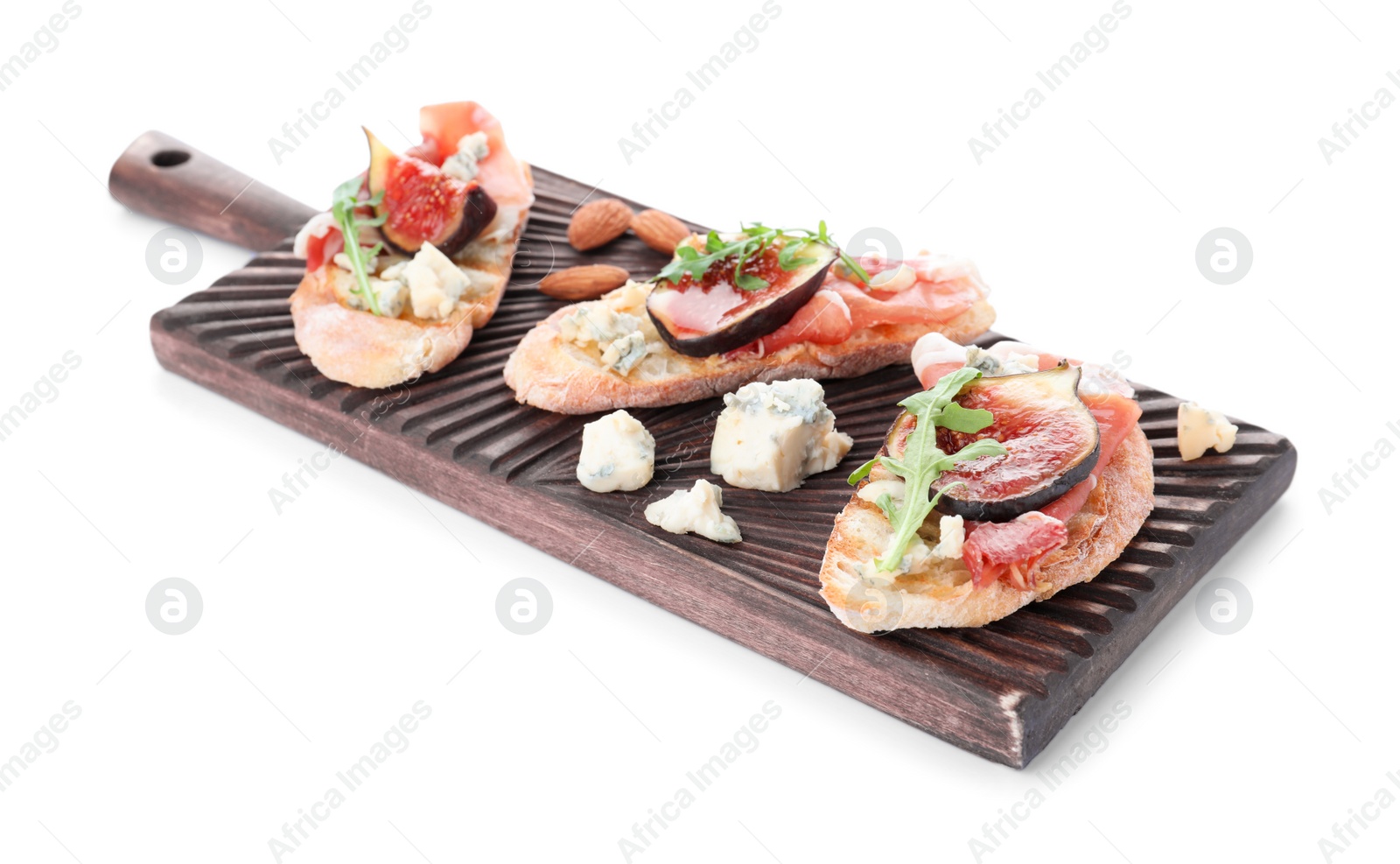 Photo of Sandwiches with ripe figs and prosciutto on white background