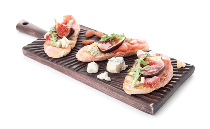 Sandwiches with ripe figs and prosciutto on white background