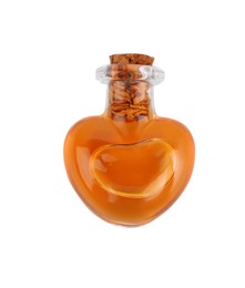 Photo of Bottle of love potion isolated on white, top view
