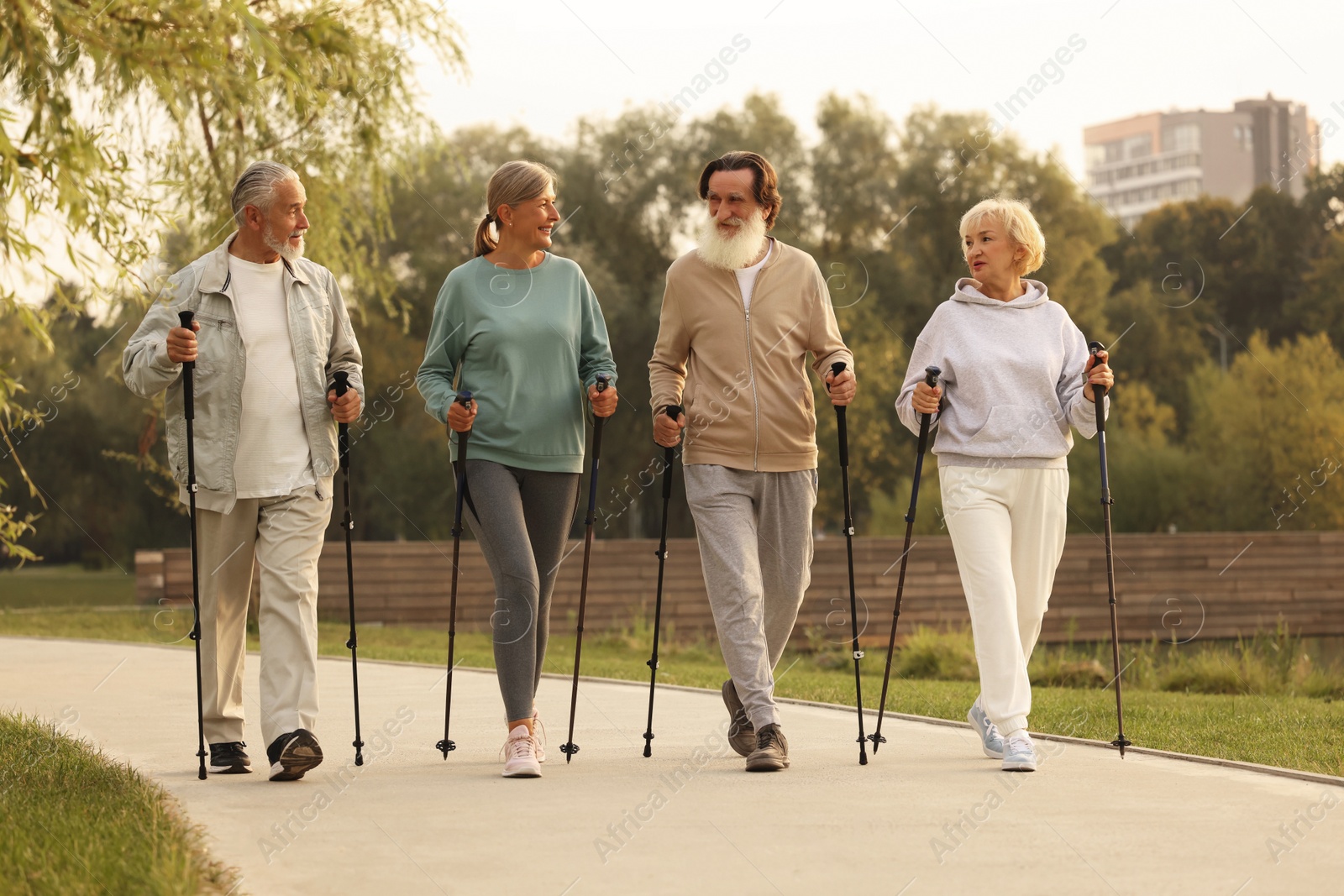 Photo of Group of senior people performing Nordic walking outdoors