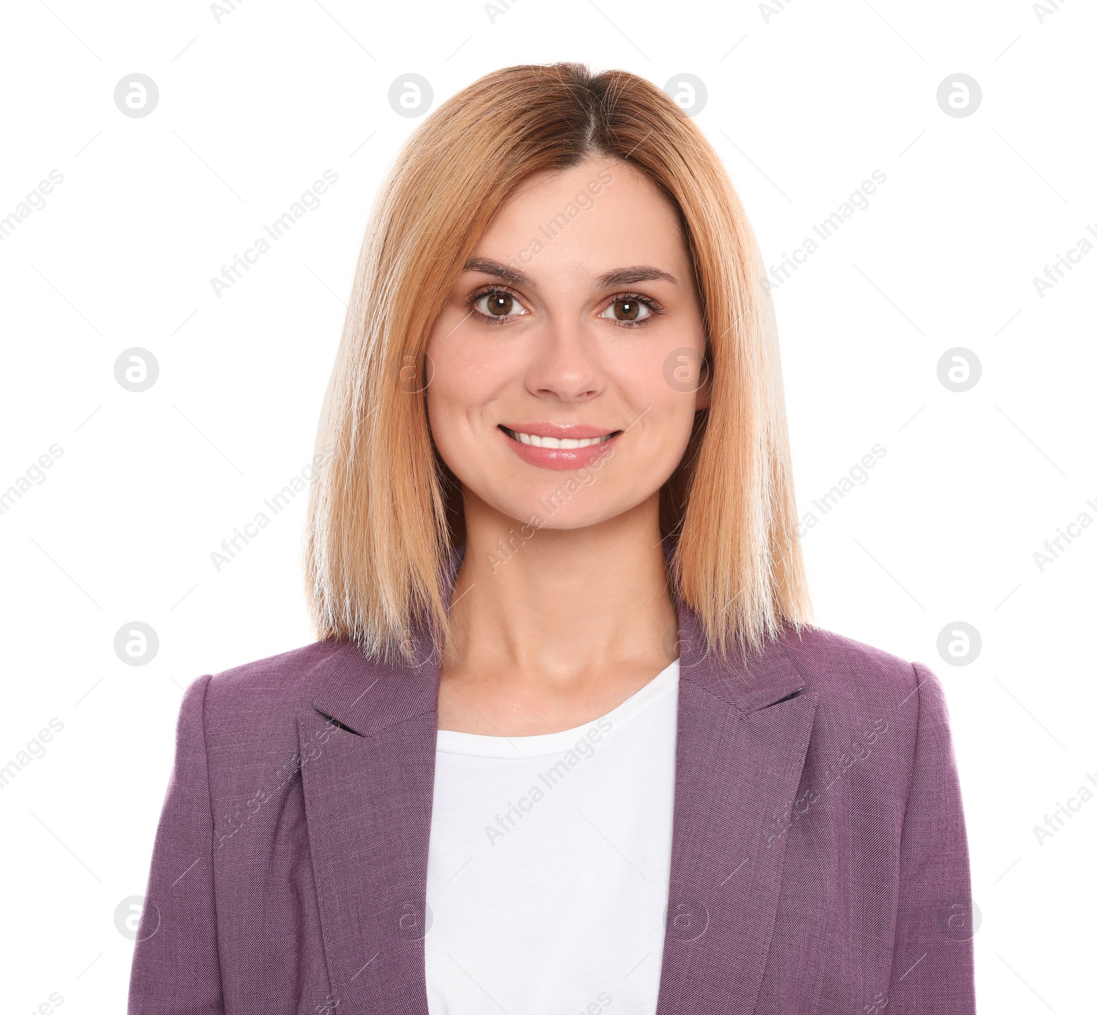 Photo of Portrait of woman with beautiful face on white background