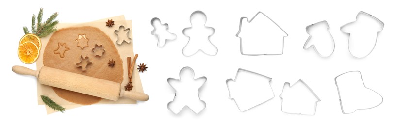 Set with cookie cutters of different shapes on white background. Banner design
