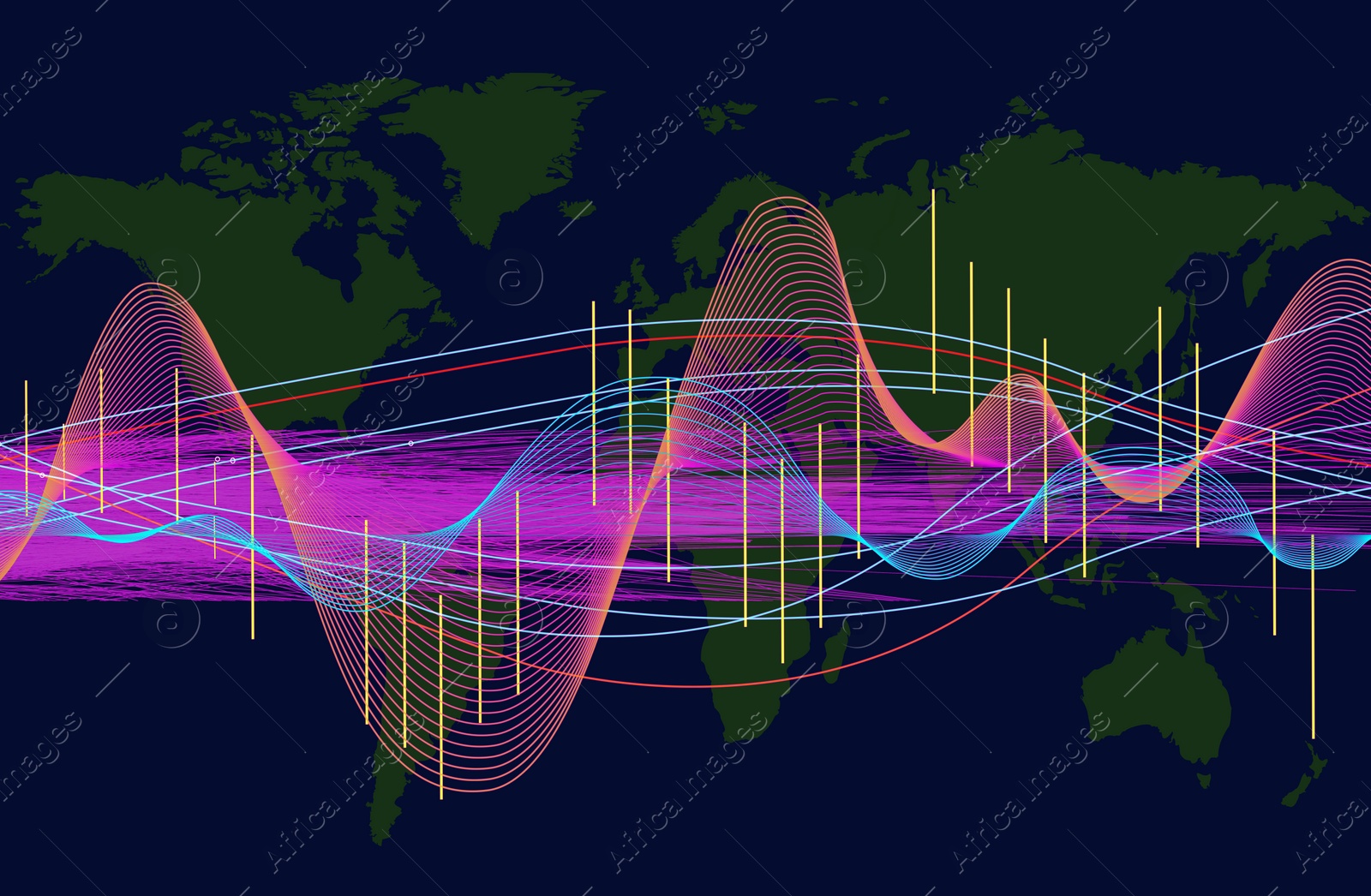 Image of Futuristic dashboard of business analytics information. Digital graphics and world map