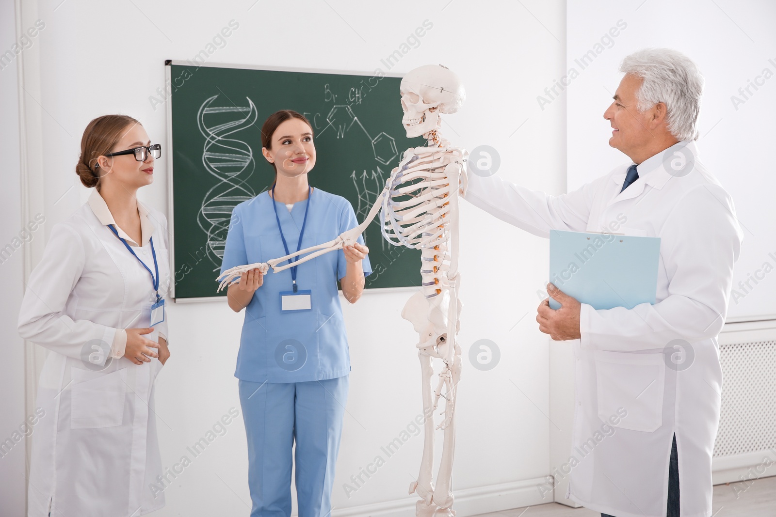 Photo of Medical students and professor studying human skeleton anatomy in classroom