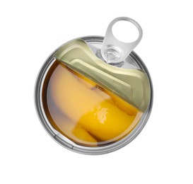 Open tin can of mangoes isolated on white, top view