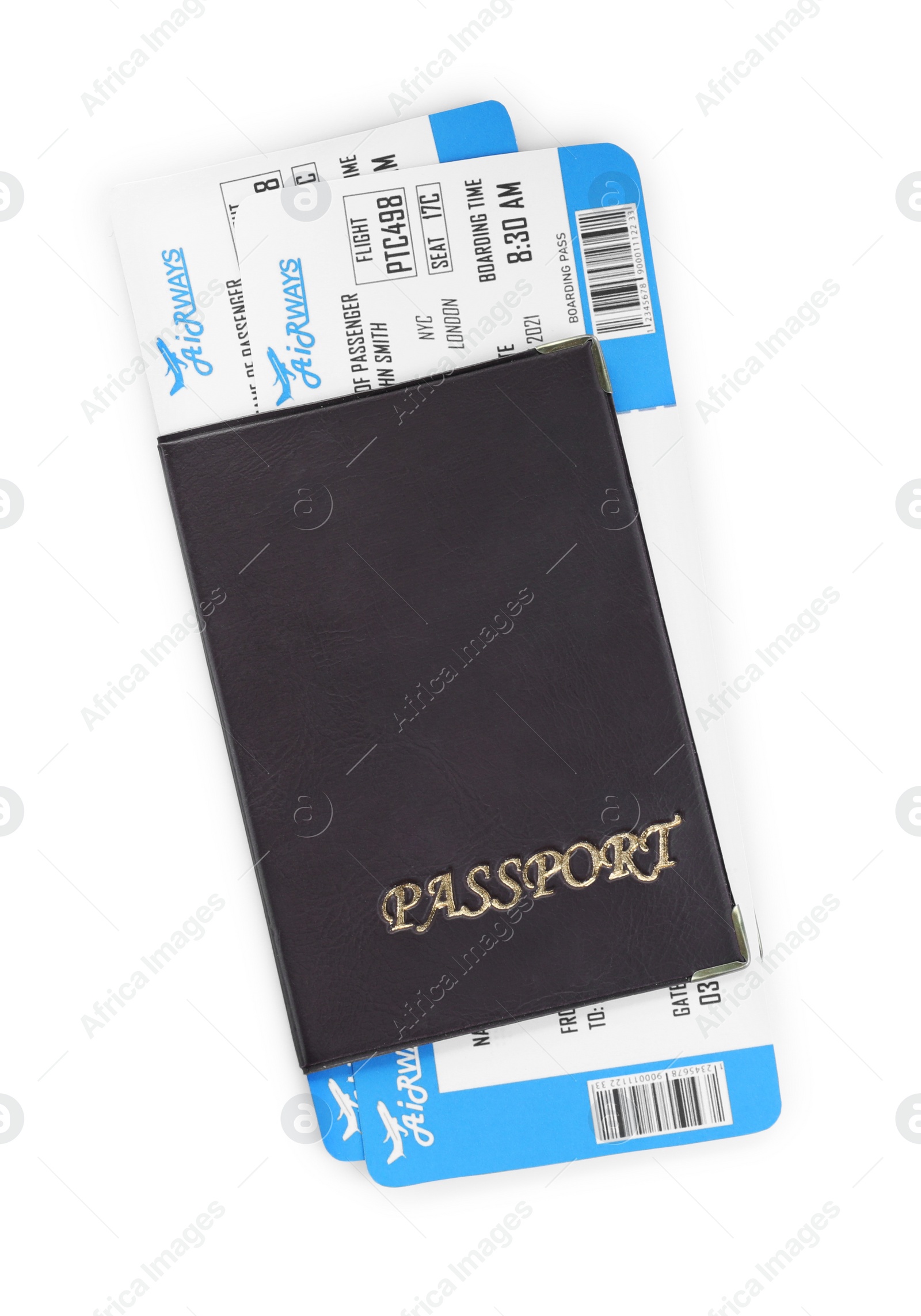 Photo of Passport and tickets isolated on white, top view. Travel agency concept