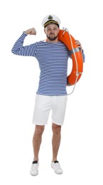 Photo of Sailor with orange ring buoy on white background