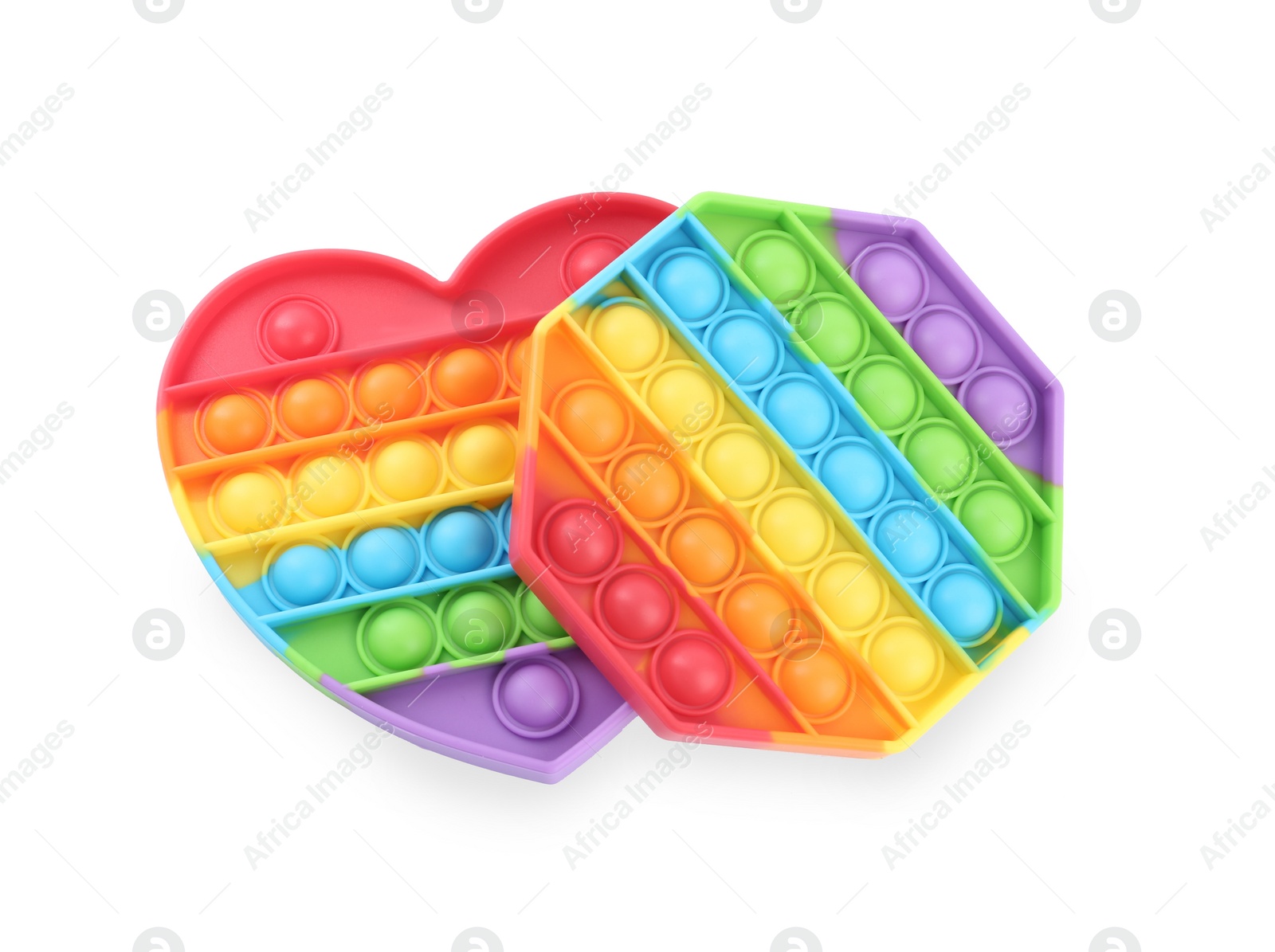 Photo of Rainbow pop it fidget toys on white background, top view