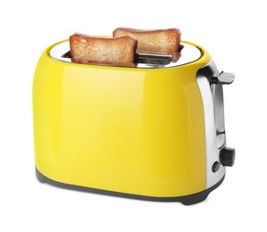 Photo of Yellow toaster with roasted bread slices on white background