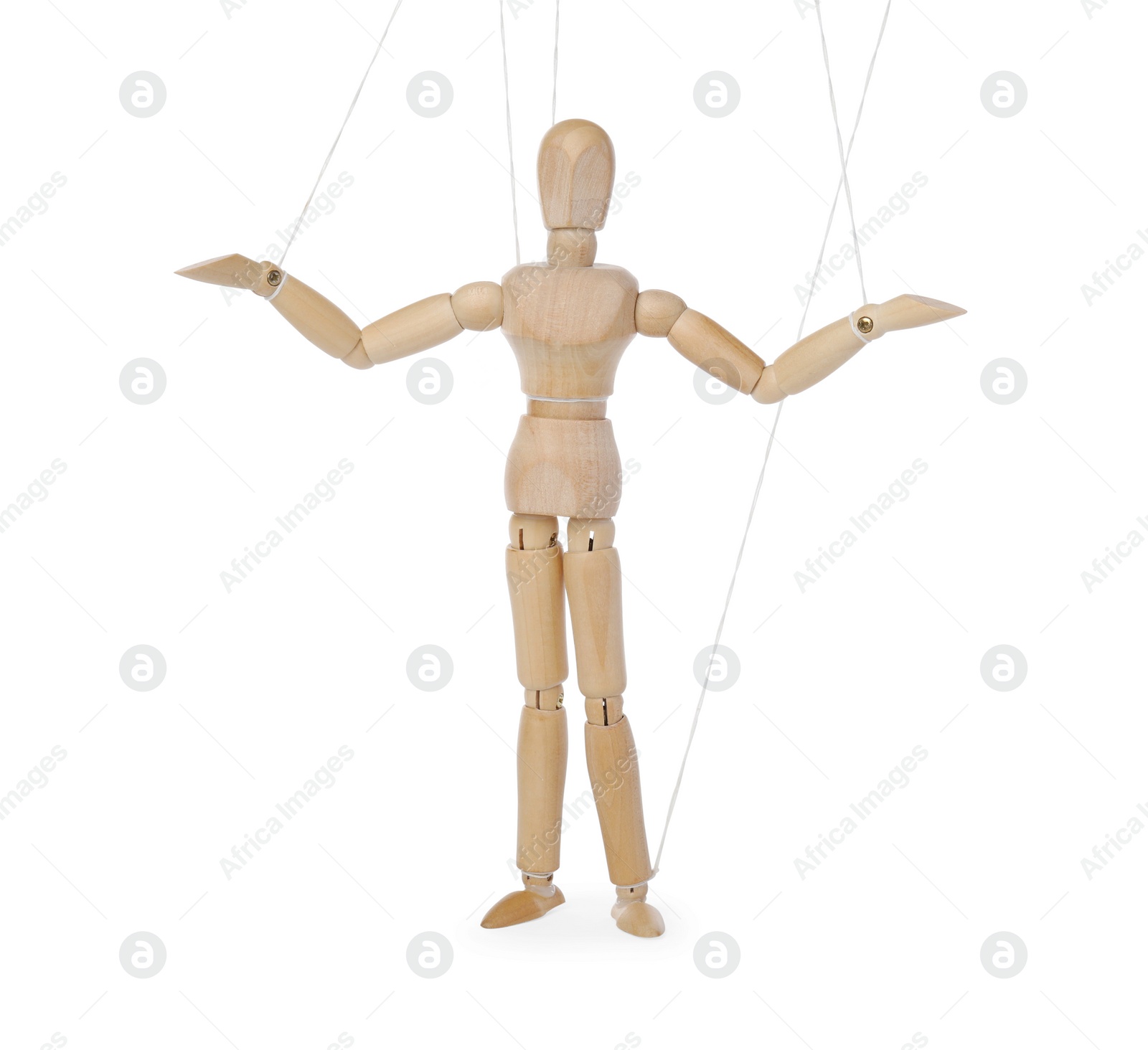 Photo of One wooden puppet with strings on white background