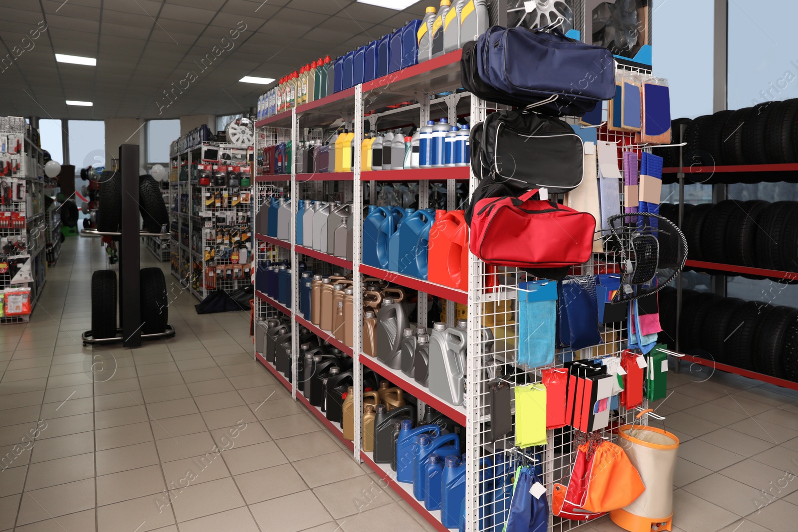 Image of Tires and car care products in auto store