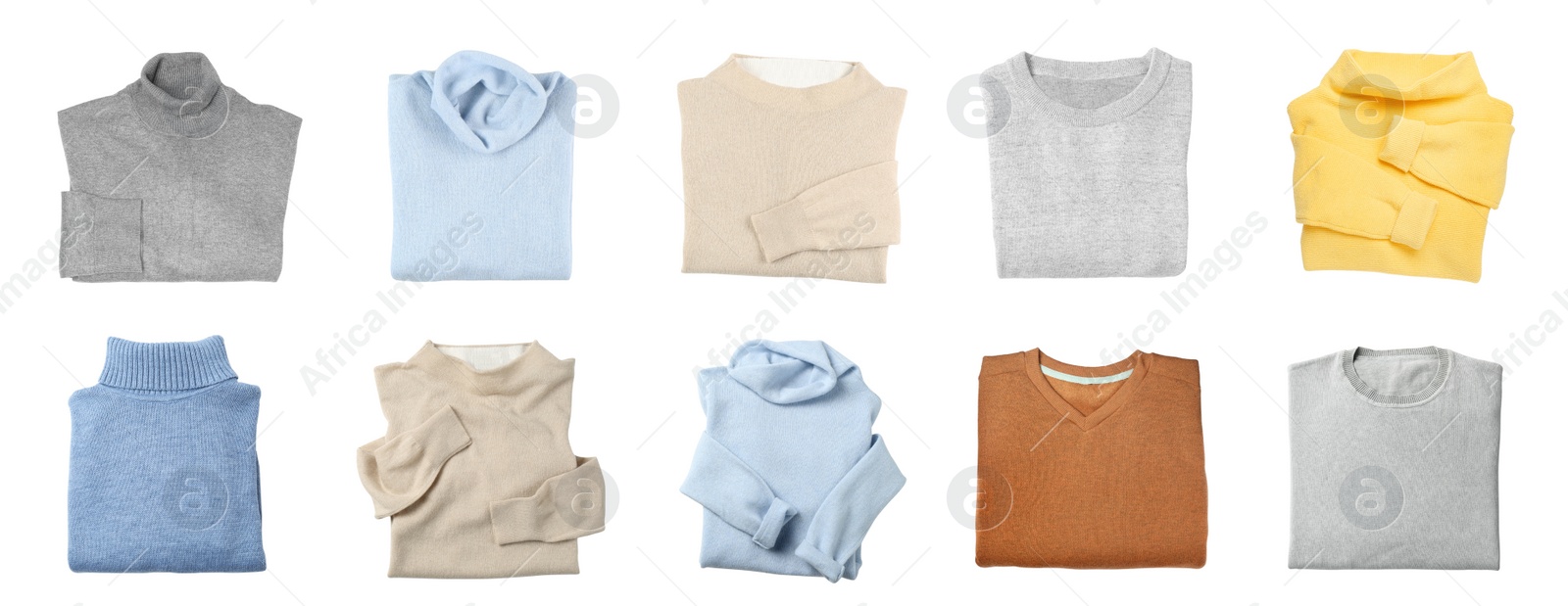 Image of Set with cashmere sweaters isolated on white, top view. Banner design