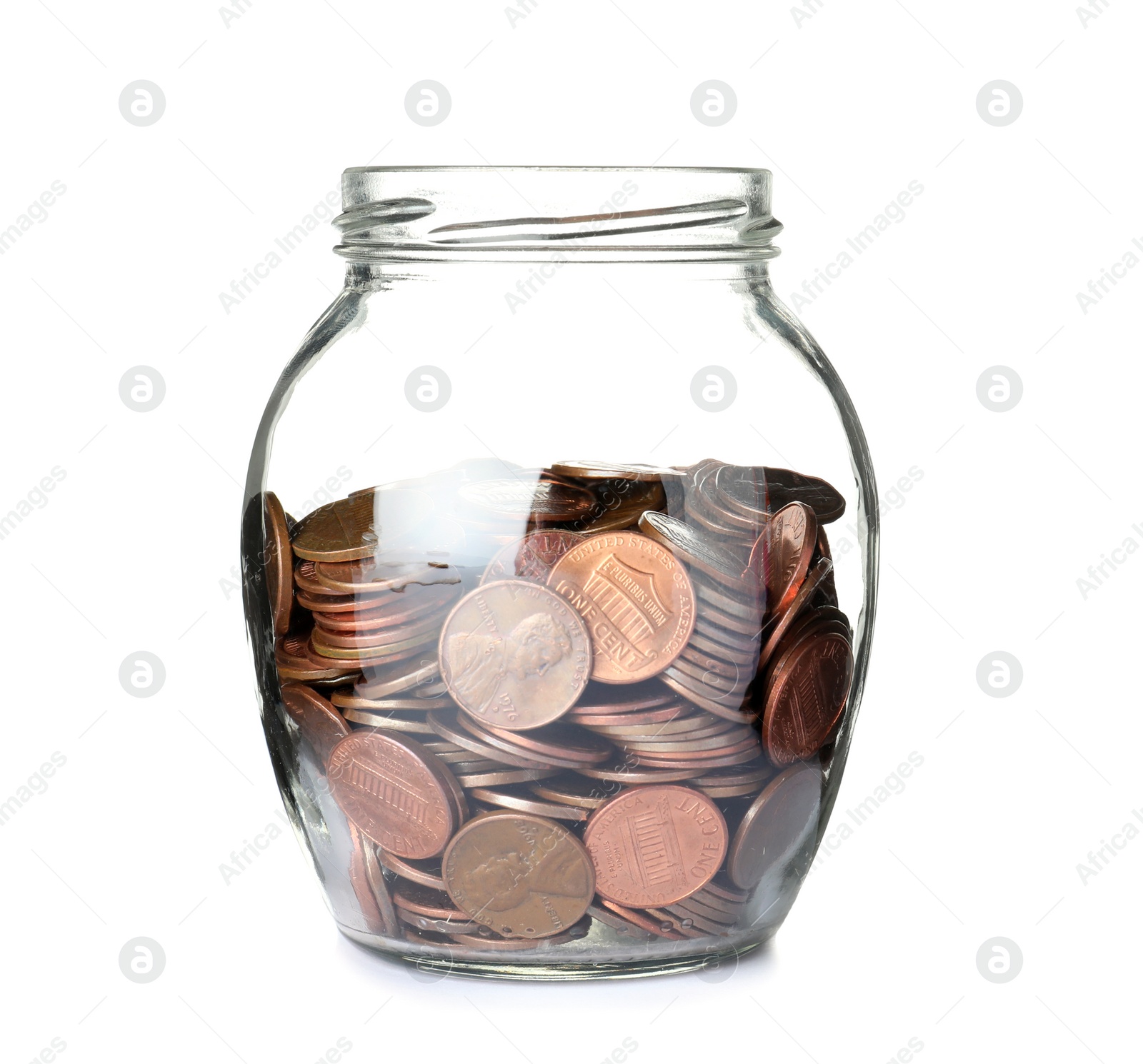 Photo of Glass jar with coins isolated on white