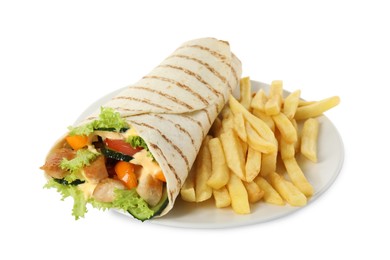 Photo of Plate with delicious chicken shawarma and French fries isolated on white