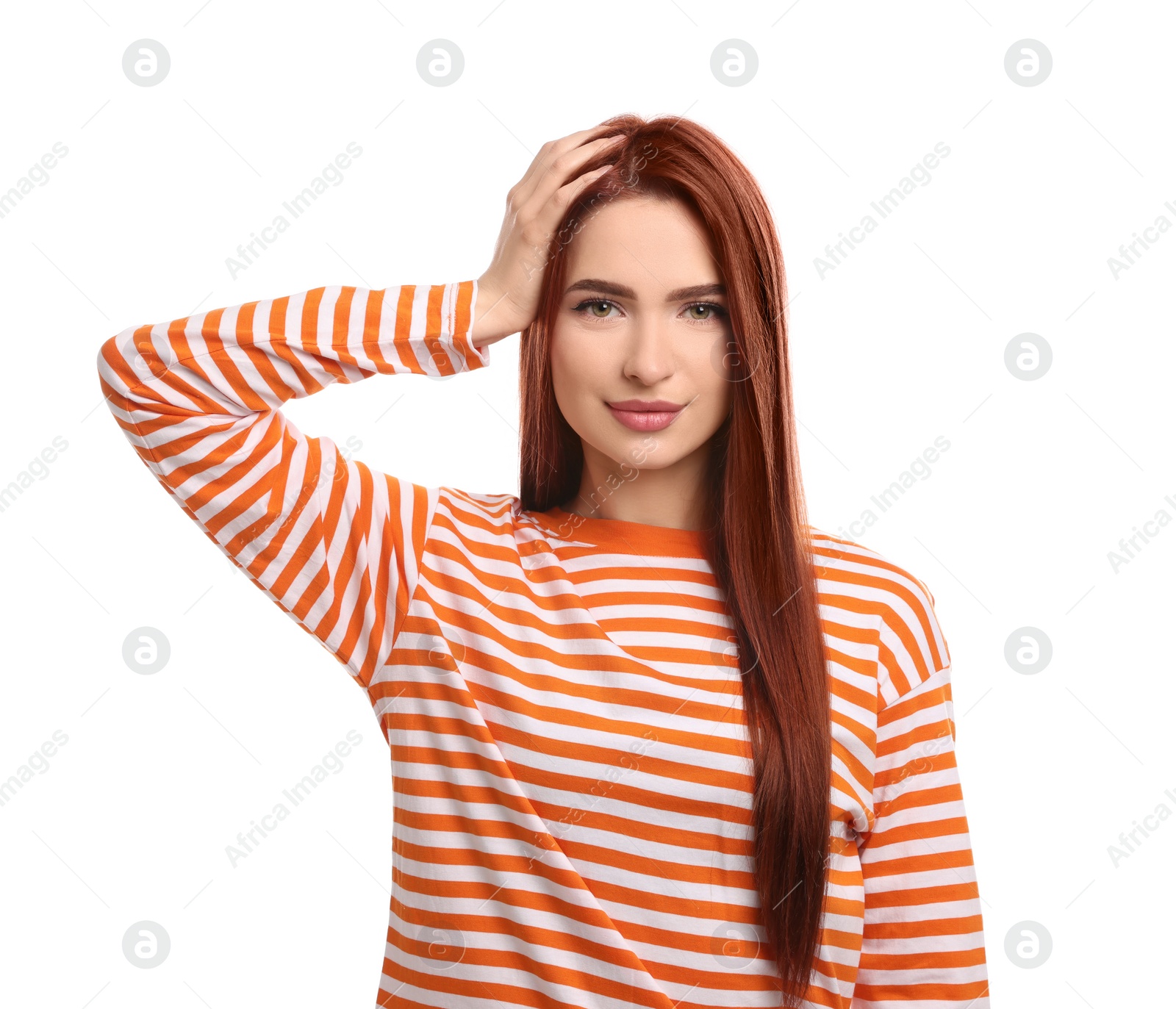 Photo of Beautiful woman with red dyed hair on white background