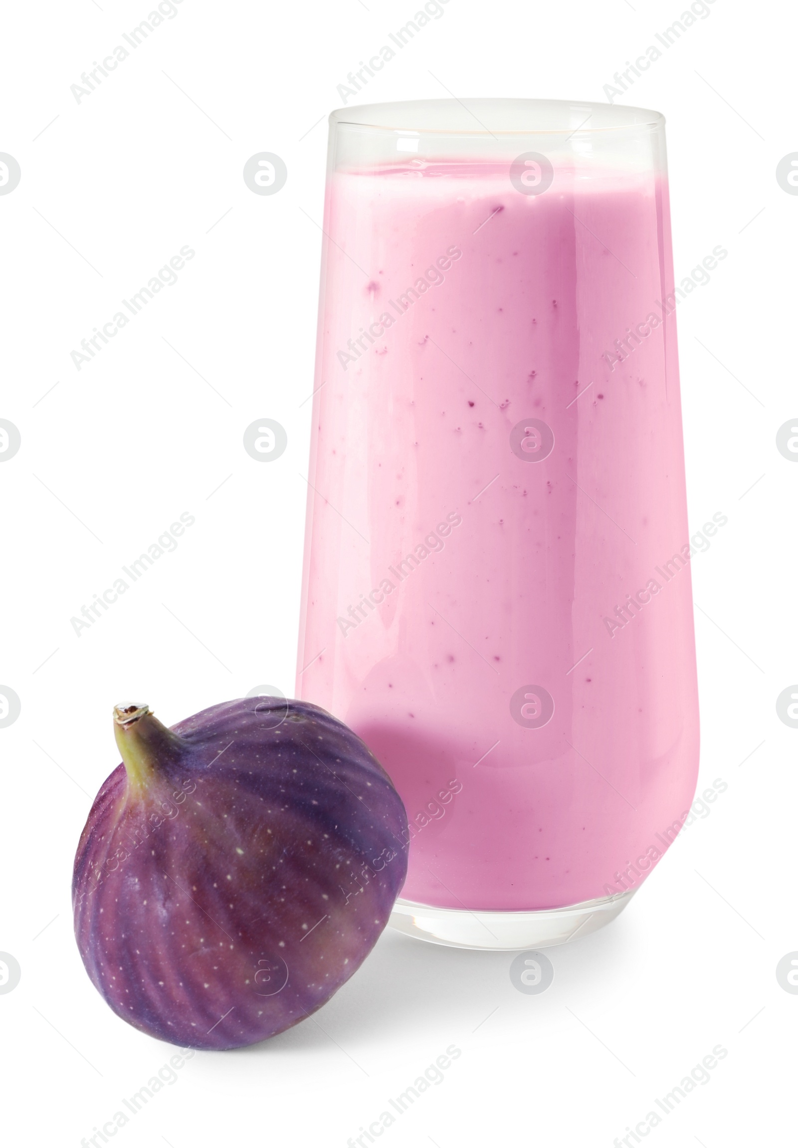 Photo of Delicious fig smoothie in glass on white background