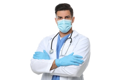 Photo of Doctor in protective mask and medical gloves against white background