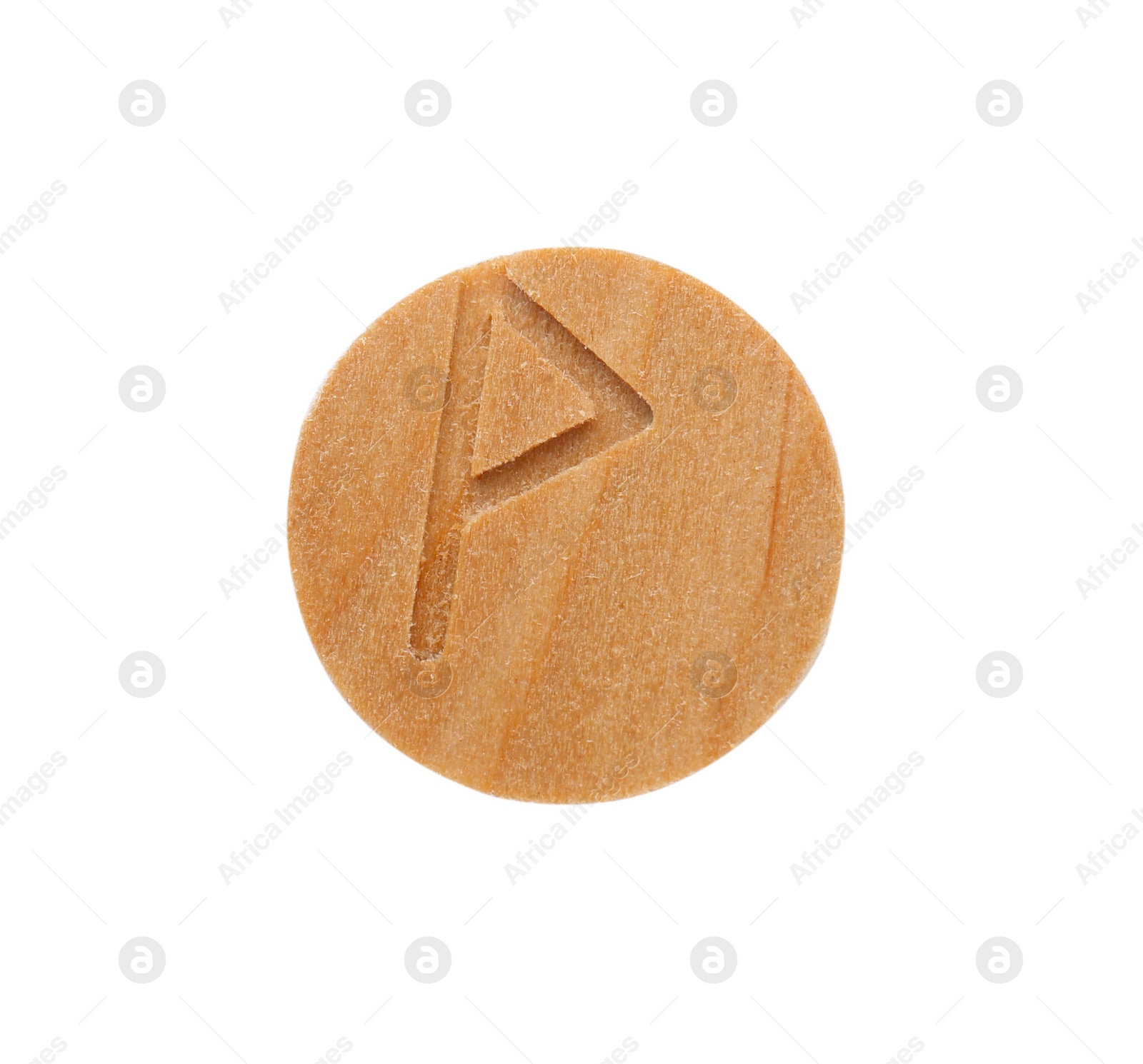 Photo of Wooden rune Wunjo isolated on white, top view