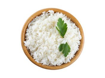 Photo of Wooden bowl with cooked rice and parsley isolated on white, top view