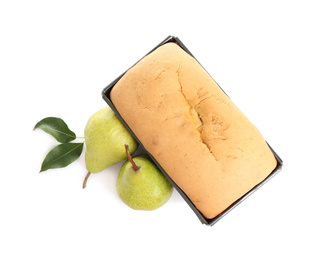 Photo of Tasty bread in baking dish and pears isolated on white, top view. Homemade cake