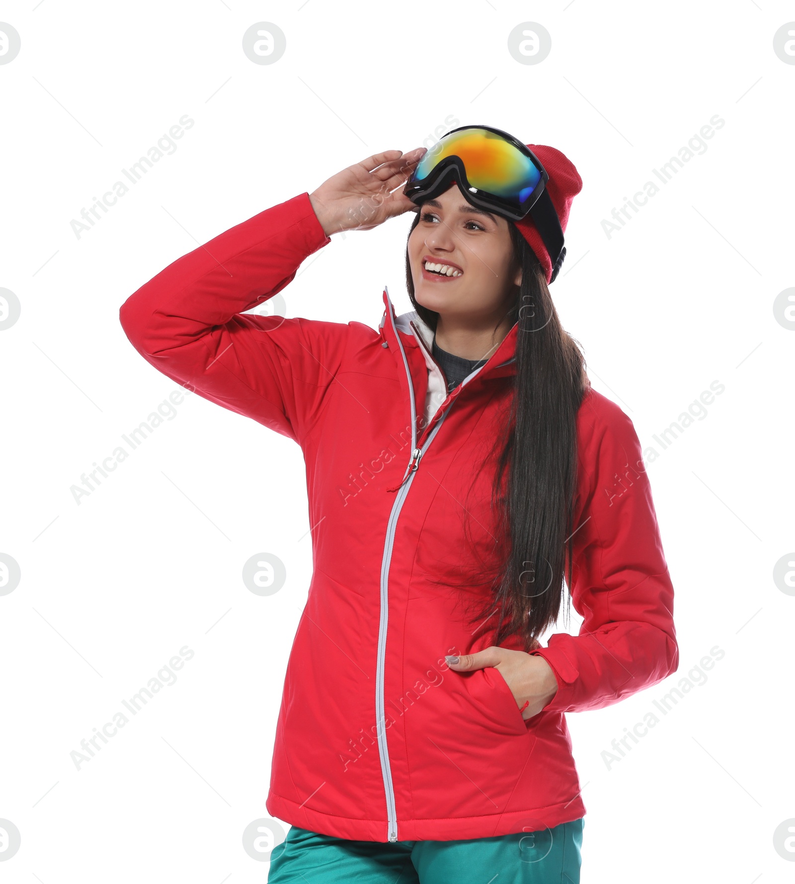 Photo of Woman wearing stylish winter sport clothes on white background